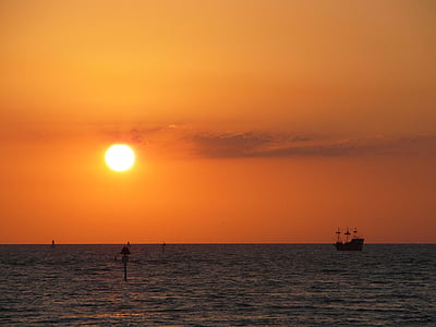 solnedgang, hav, sjøen, fargerike, skipet, båt, seiling