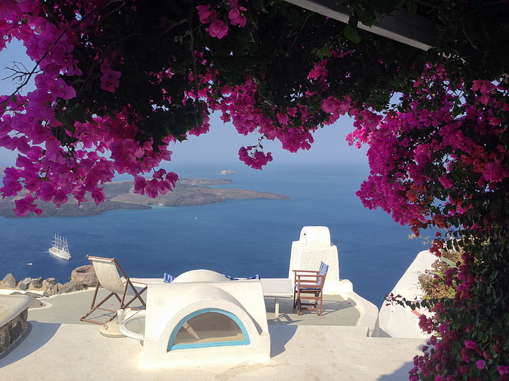 νησί, Ελλάδα, Σαντορίνη, λουλούδια, μπλε, ταξίδια, στη θάλασσα