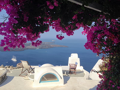 island, greece, santorini, flowers, blue, travel, sea