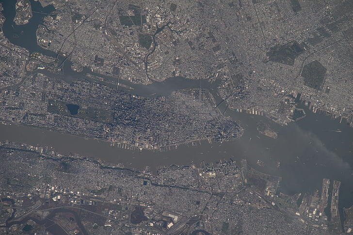 manhattan, new york city, nyc, space, cityscape, usa, aerial view