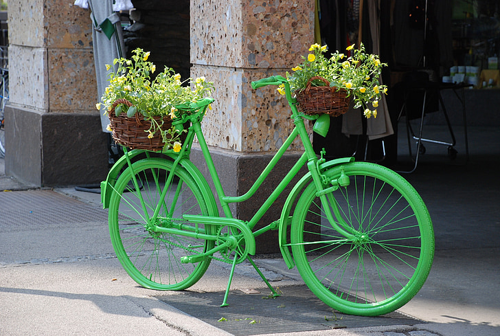 bike, green, flowers, colorful bike