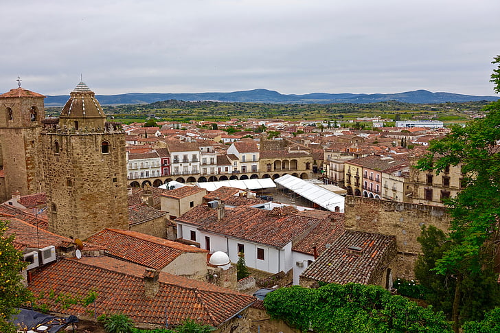 trujillo, spain, rooftops, tiles, red, mediterranean, village