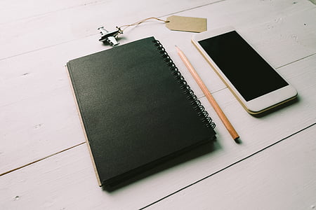 black, notebook, pencil, mobile, phone, technology, touchscreen