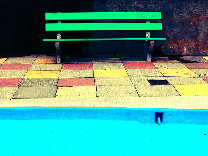 bench, beside, wall, green, blue, pool, tiles