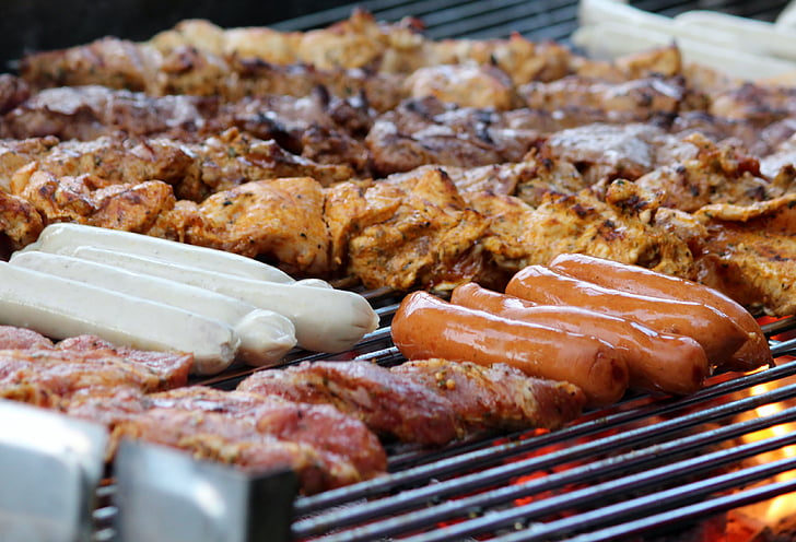 grill, grilled meats, hot, tasty, sausage, meat, flame