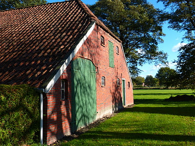 old, farmhouse, building, wall, window, door, idyllic