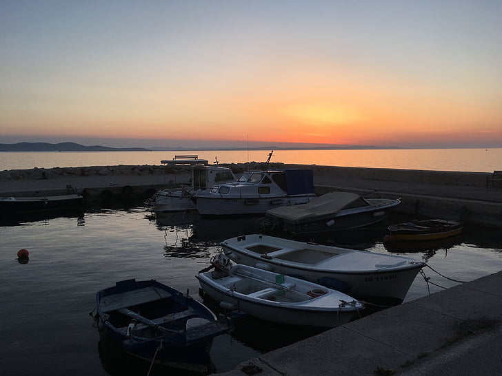 západ slnka, Chorvátsko, Port, more, reflexie, zvyšok, dosvit