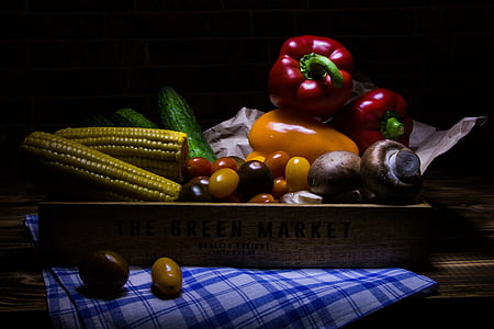Gemüse, Ernte, Essen, Pfeffer, Pilze, Tomaten, Mais