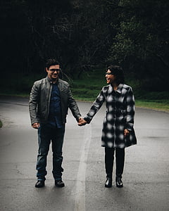 man, woman, holding, hands, road, daytime, couple