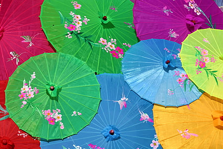 Čínská deštníky, obrazovky, barevné, zdobené, slunečník, list, zelená barva