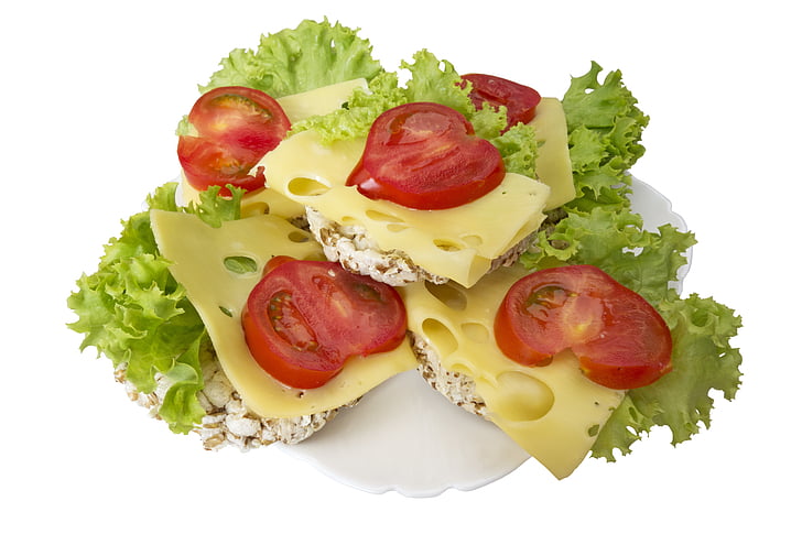 бутерброд, невелика навантаження хліба, включає, сир, томатний, зелені, салат