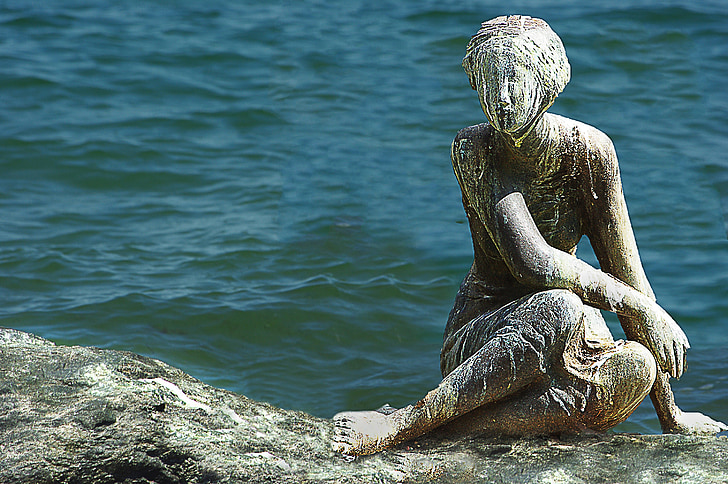 statue, sculpture, woman, sea, rock
