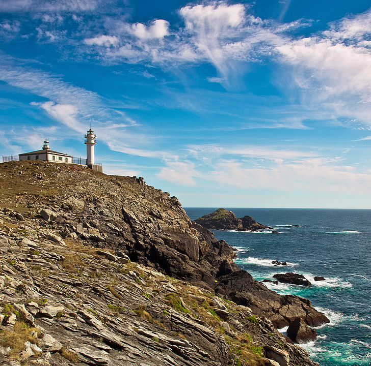 Cabo touriñán, Španielsko, Lighthouse, Sky, more, oblaky