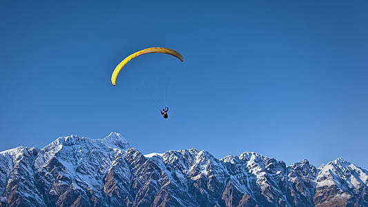 man, paragliding, top, snow, coated, mountains, sky