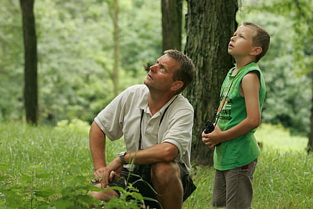 birdwatching, pomeriggio, piacevole, godere, figlio, padre, persone