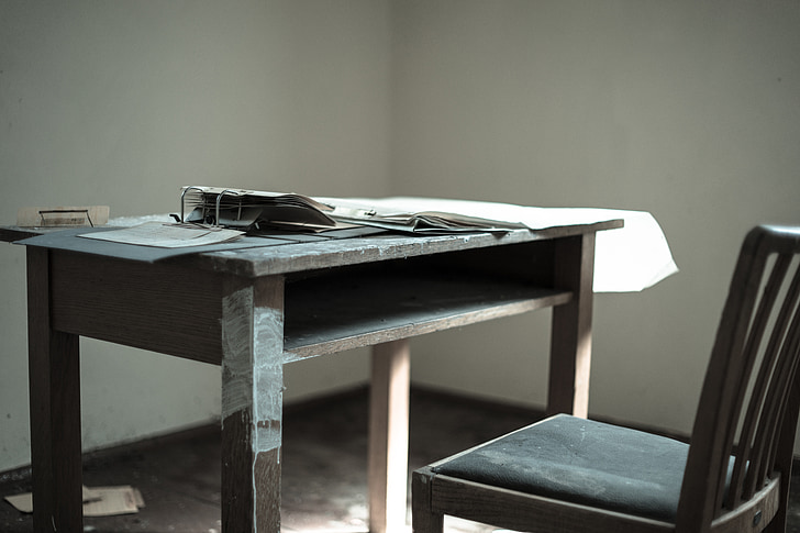 rašomasis stalas, lentelė, popieriaus, kėdė, senas, griuvėsiai, biuras