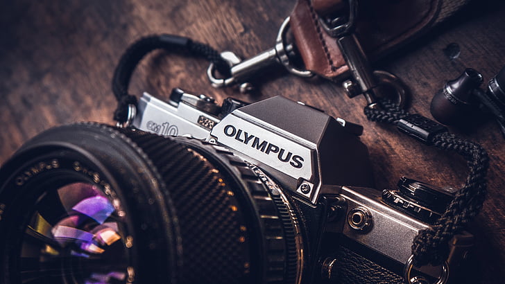 kameran, Olympus, lins, DSLR, svart, spetsar, trä