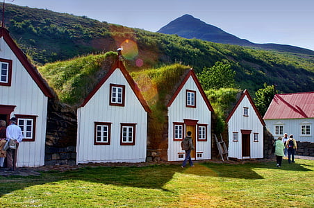 žolės stogai, Islandija, namai, gyvenamųjų namų struktūra, muziejus, kraštovaizdžio