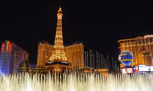 las vegas, fontanai, Paryžius, naktį, Las Vegasas - Nevada, juostelės, kazino