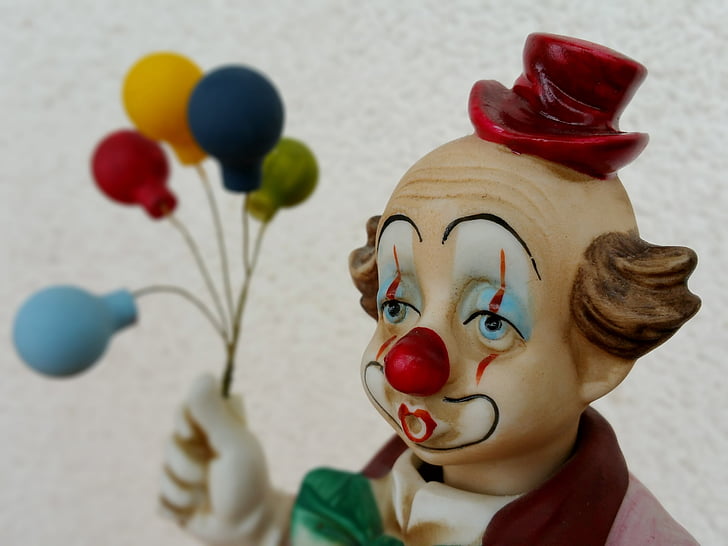 beeldje, clown, ballons, kleurrijke, grappig, ballonnen, verjaardag
