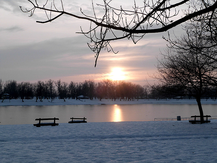 winter, lake, sunset, landscape, cold, season, outdoors