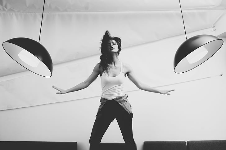 woman, tank, top, two, pendant, lamps, people