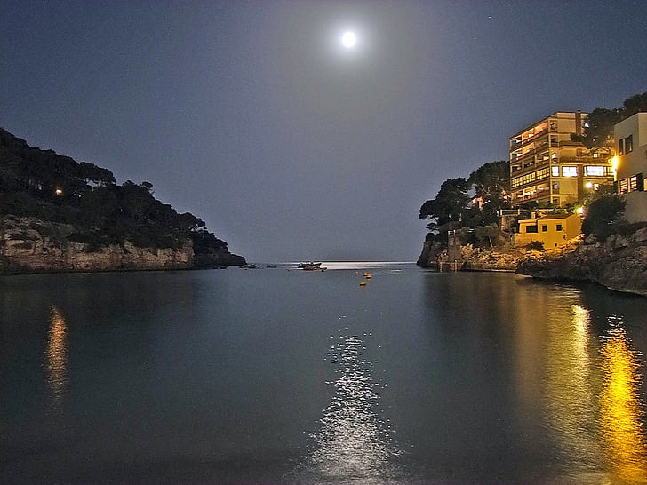 Mallorca, malam, Cala santanyi, bulan, laut