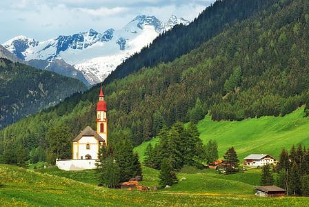 Ausztria, táj, festői, erdő, fák, templom, völgy