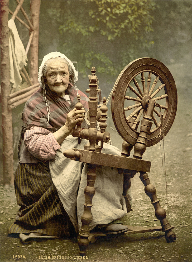 spinning wheel, woman, old, fibers, spinning, thread, tissue