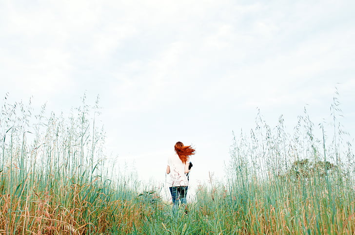 female, field, grass, person, sky, woman