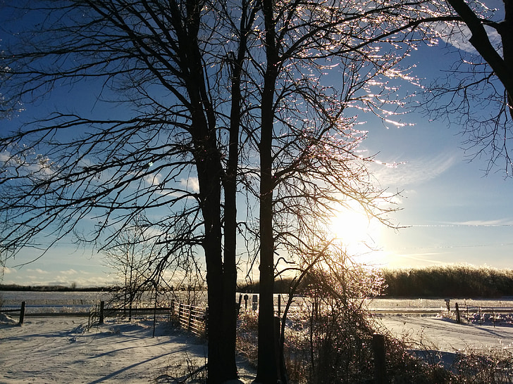 zimné, západ slnka, vidiek, Príroda, zimné scény, chladné počasie, Príroda