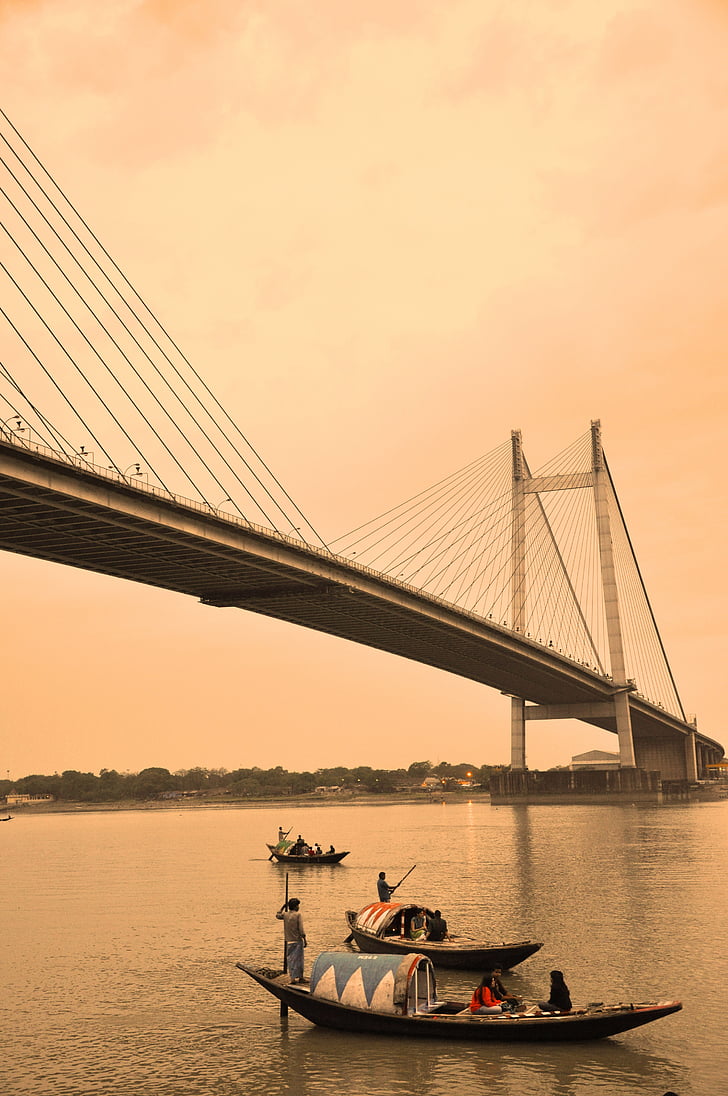kolkata, suspension bridge, bridge, fishing boats, india