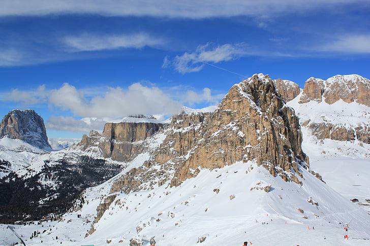 visió de conjunt, Canazei, pistes d'esquí, Itàlia, muntanyes, neu