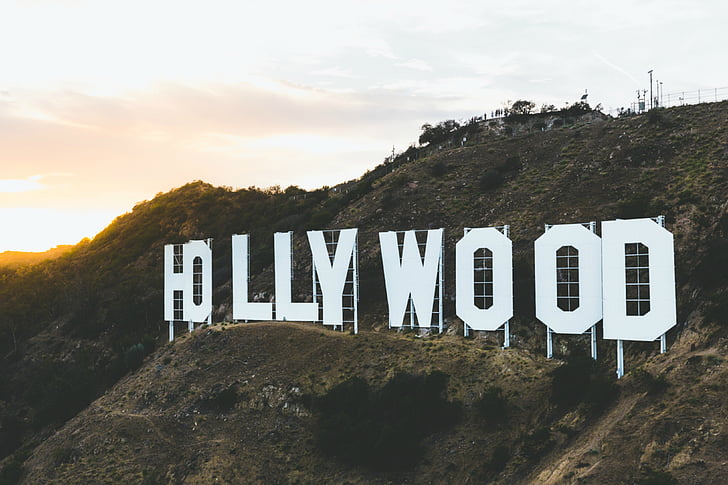 Hollywood, işareti, günbatımı, dağ, Californium, numarası, metin