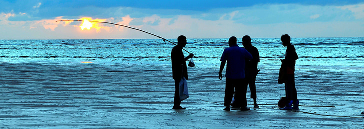 pêche, coucher de soleil, pêcheur, mer, Phuket, Thaïlande, canne à pêche
