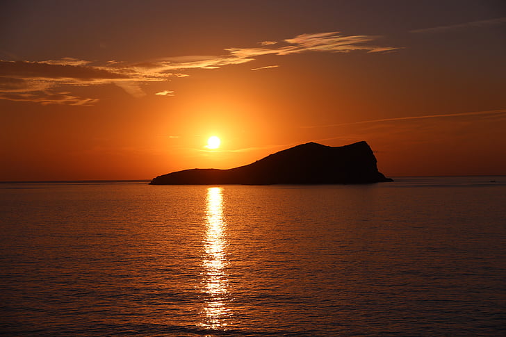 sunset, ibiza, mediterrean, island, sun, sea, orange