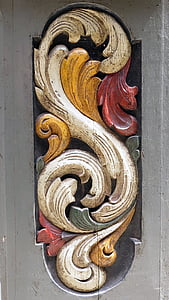 prydnad, symbol, carving, trä, målning