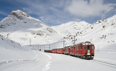 railway, bernina railway, lagalb, bernina, winter, train, electric locomotive