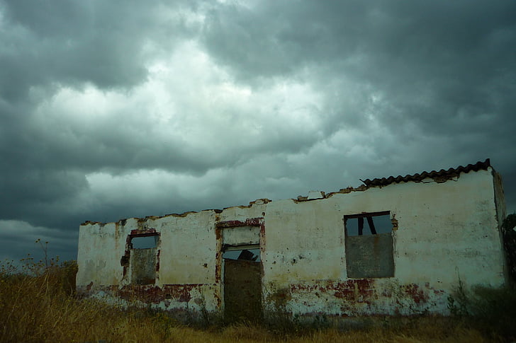 ruins, clouds, old, uninhabited, abandoned, storm, field