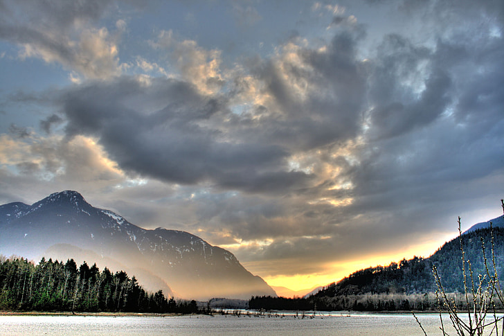 Захід сонця, краєвид, небо, озеро, Гора, Британська Колумбія, Канада