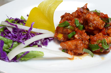 kylling manchurian tørr, mat, kinesisk, plate, gourmet, måltid, salat