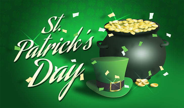 st patrick's day, saint patricks day, pot of gold, confetti, top hat, leprechaun, irish