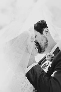 adult, beard, beautiful, black-and-white, bride, couple, facial expression