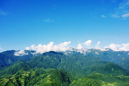 landscape, hills, green, blue, clouds, forests, fields