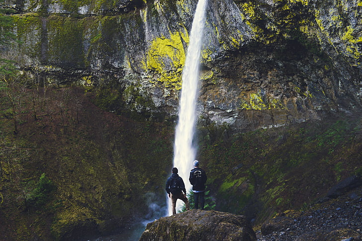 nature, people, rocky, standing, waterfall, outdoors, mountain