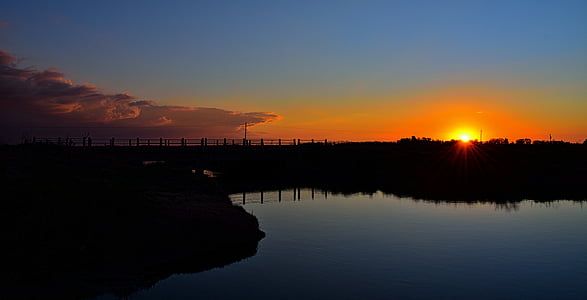 landskab, Sunset, Brook, naturlige landskab, Bridge, solen
