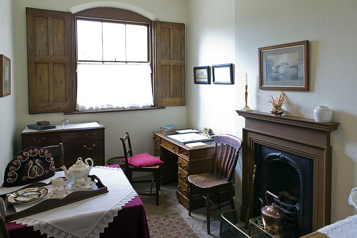 Cook's office, Victorian, Audley end, kartano, Työpöytä, tuolit, takka