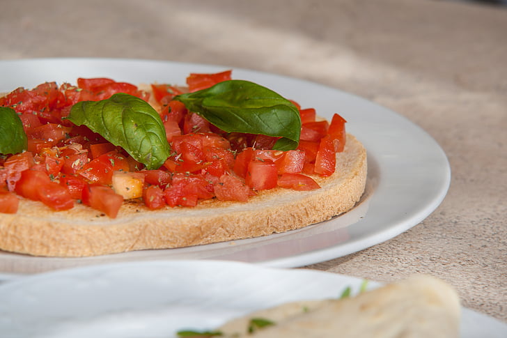 Bruschetta, Italia, Makan, tomat, kemangi, roti, minyak zaitun