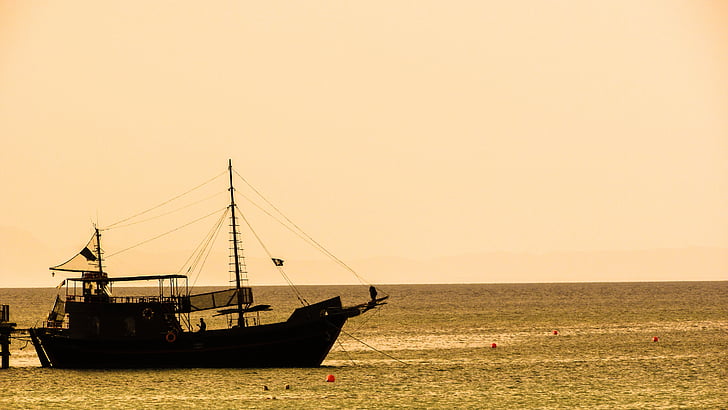 barco, mar, à tarde, pôr do sol, Chipre