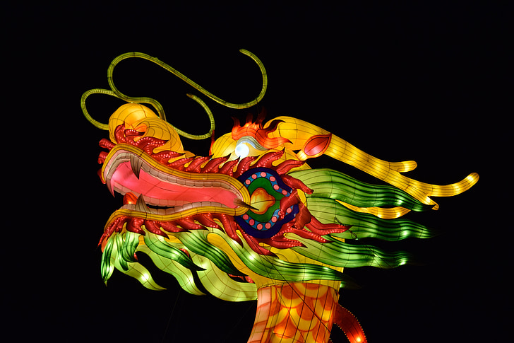 dragon, chinese, dragoon, red, lights, lanterns, night